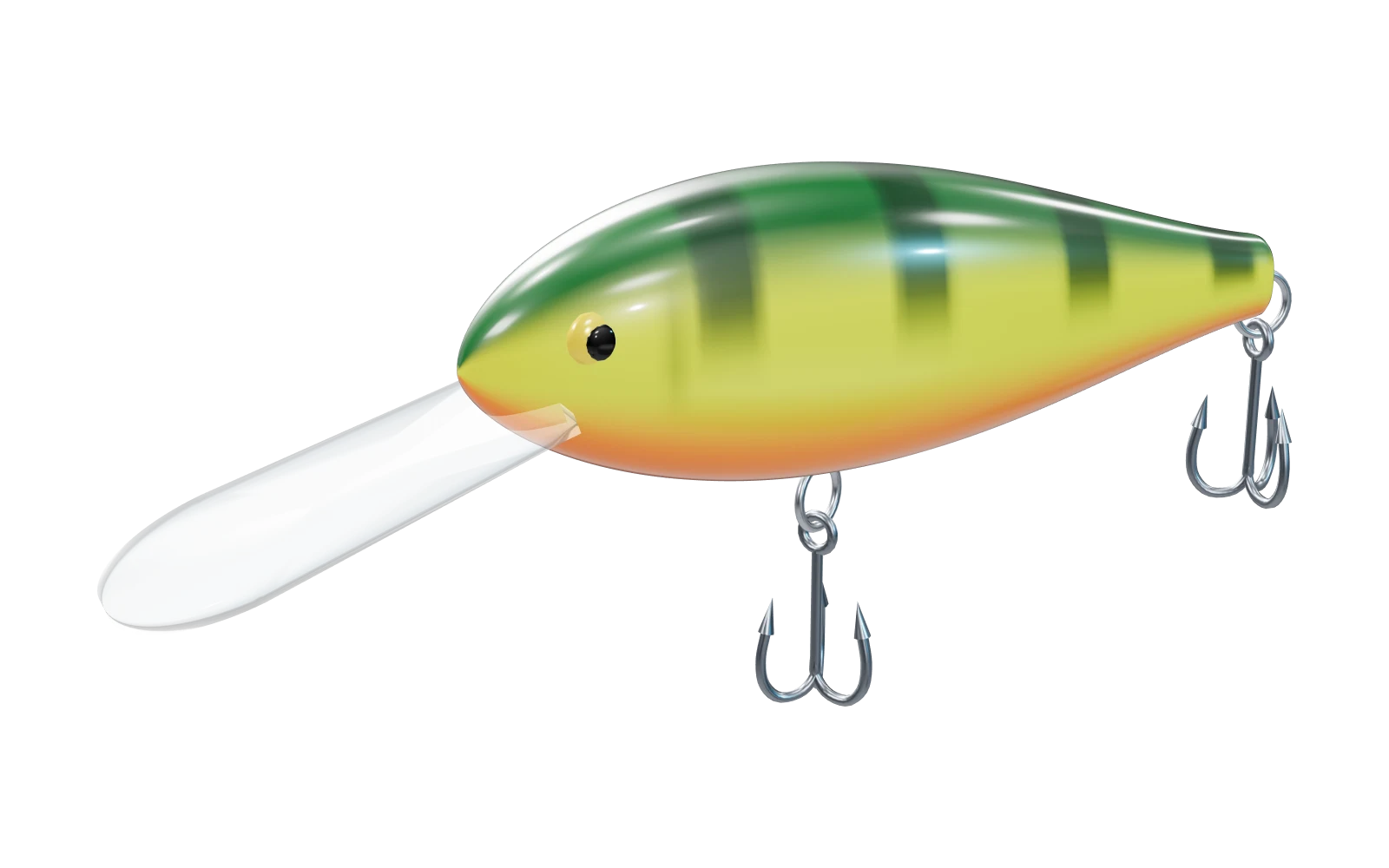 A fire tiger deep-diving crankbait rendered in the LureLab design studio, with its long clear bill and two treble hooks