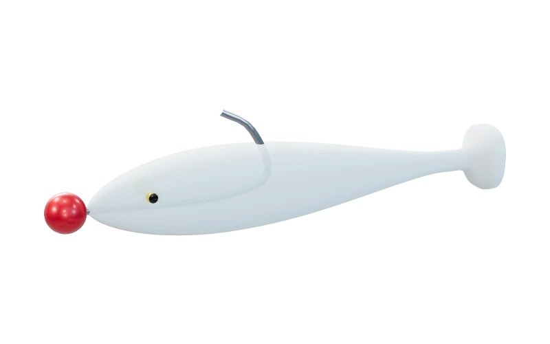 Pearl paddle-tail soft swimbait on a red jig head