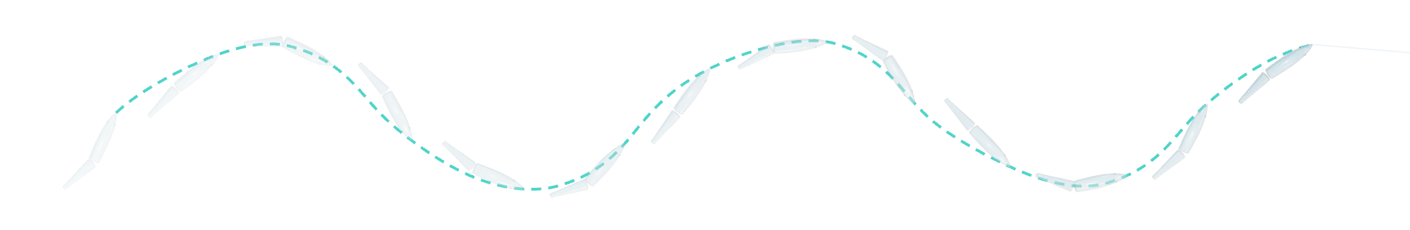 Top view of a glide bait swimming a wide S-shaped path from left to right, shown as fading snapshots every half second with its nose path dashed in teal